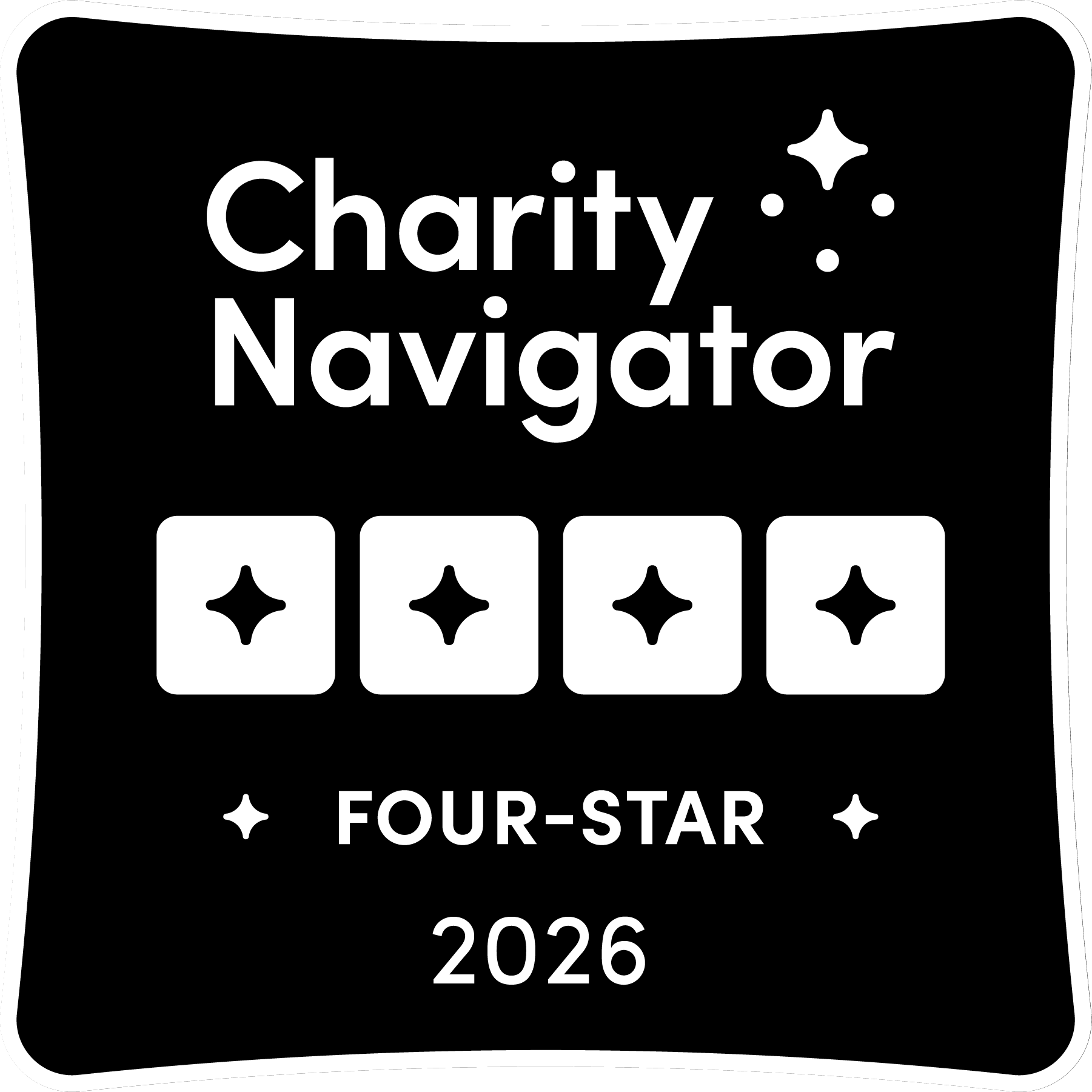 White text on a black background that read "Charity Navigator Four Stars 2026" with a depiction of four stars under Charity Navigator.